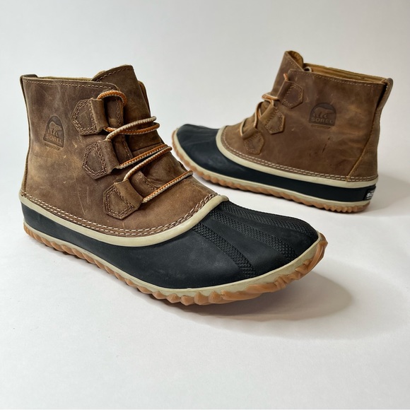 Sorel Shoes - NEW Sorel Out N About Brown Leather Waterproof Short Ankle Laceup Duck Rain Boot